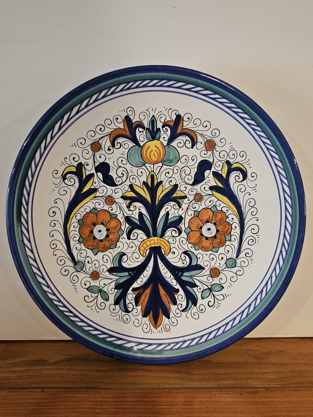 Hand-Painted Decorative Ceramic Plate - Blue, Orange, Yellow, Green